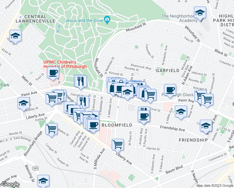 map of restaurants, bars, coffee shops, grocery stores, and more near 4931 Penn Avenue in Pittsburgh