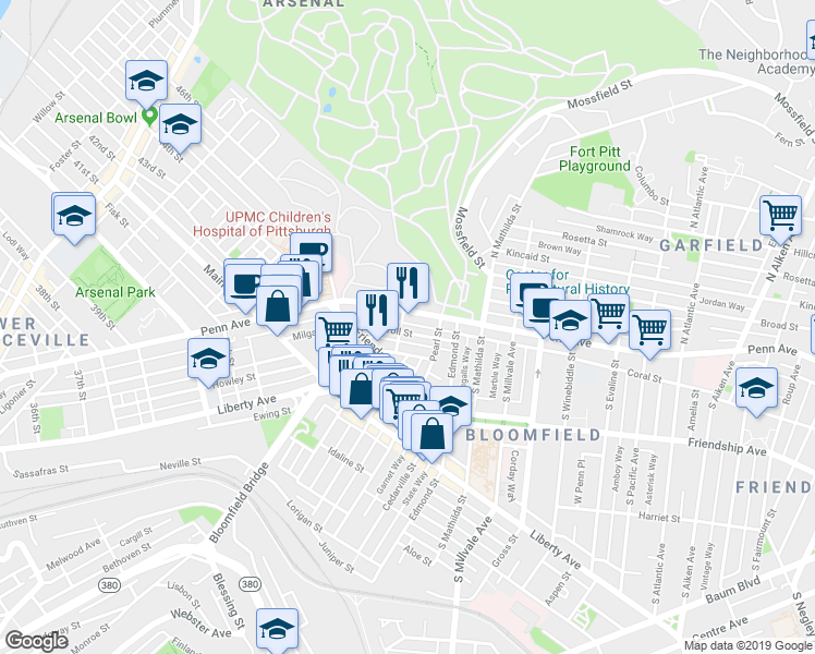 map of restaurants, bars, coffee shops, grocery stores, and more near 4500-4598 Comrie Way in Pittsburgh