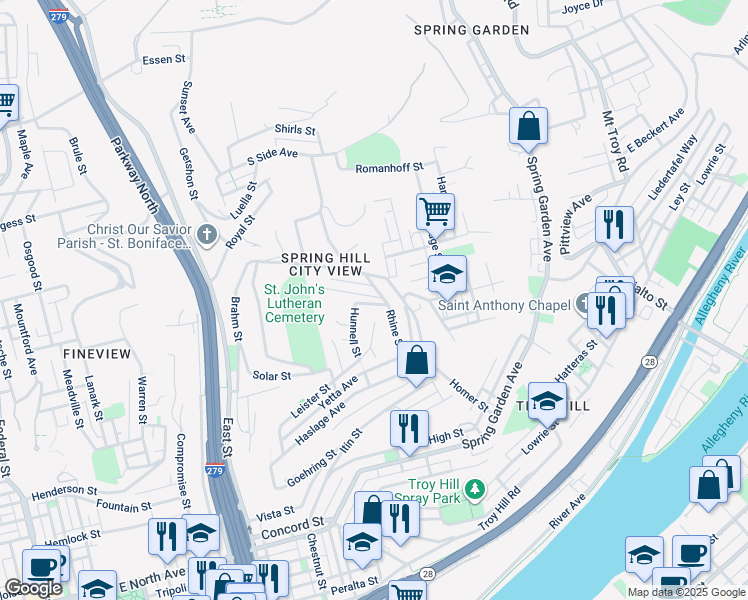 map of restaurants, bars, coffee shops, grocery stores, and more near 1902 Rhine Street in Pittsburgh