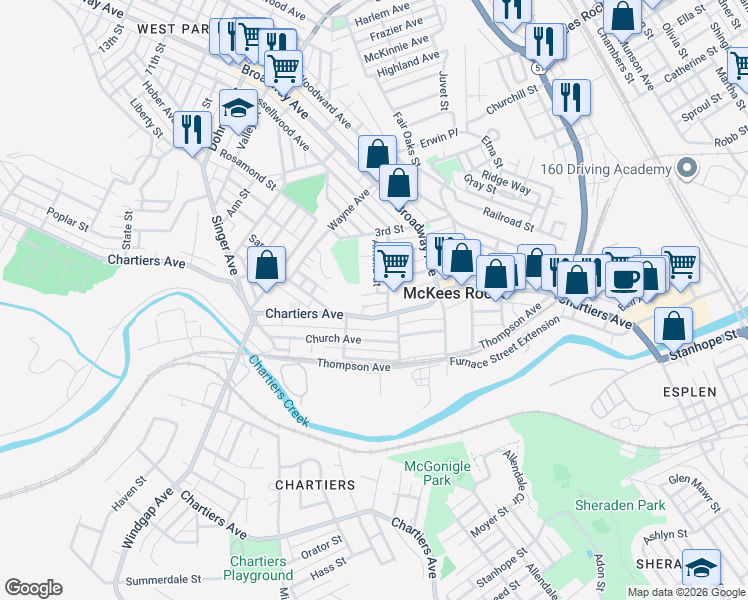map of restaurants, bars, coffee shops, grocery stores, and more near 1101 Zinkhan Street in McKees Rocks