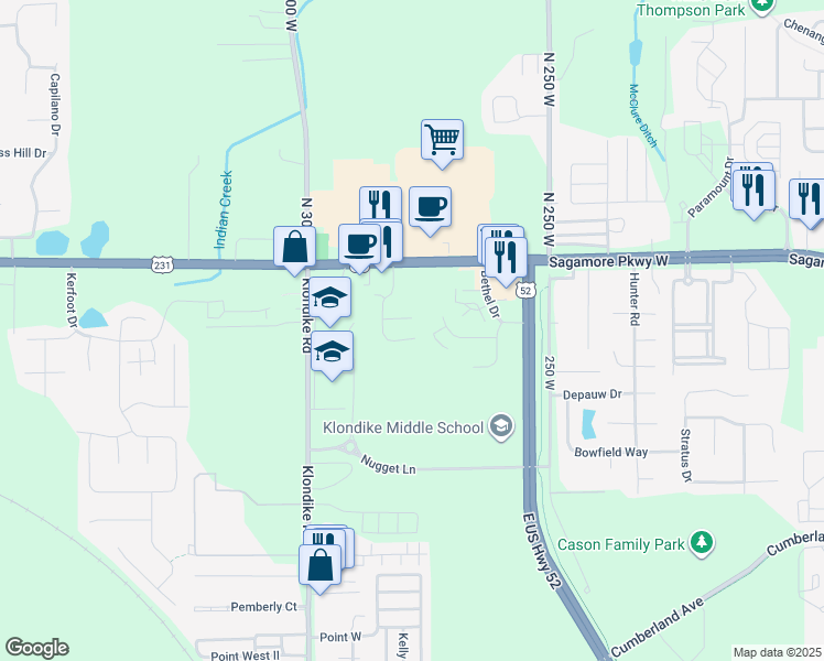 map of restaurants, bars, coffee shops, grocery stores, and more near 2731 Wyndham Court in West Lafayette