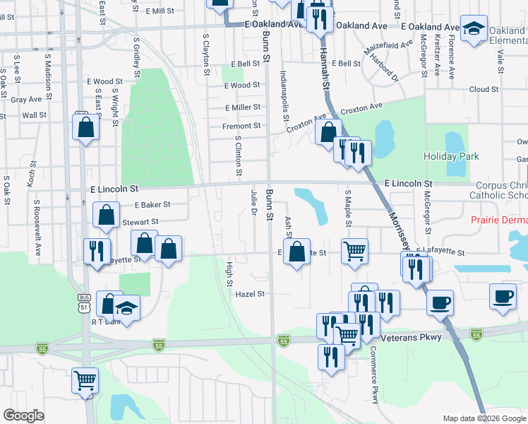 map of restaurants, bars, coffee shops, grocery stores, and more near 1504 Bunn Street in Bloomington