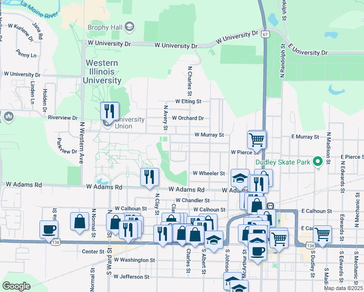 map of restaurants, bars, coffee shops, grocery stores, and more near 615 Avery Street in Macomb