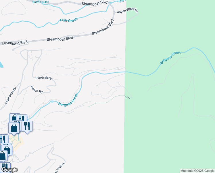 map of restaurants, bars, coffee shops, grocery stores, and more near 2883 Burgess Creek Road in Steamboat Springs