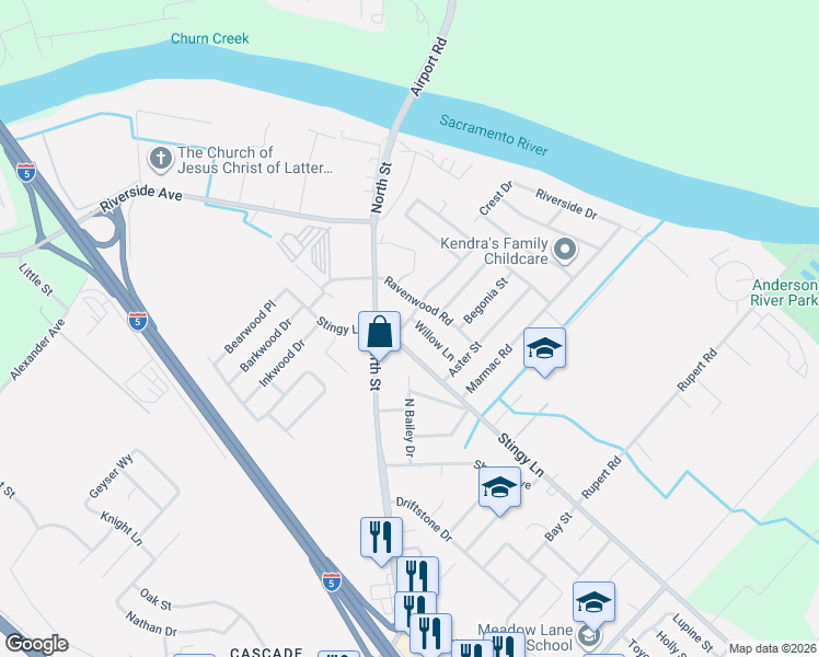 map of restaurants, bars, coffee shops, grocery stores, and more near 3426 Willow Lane in Anderson