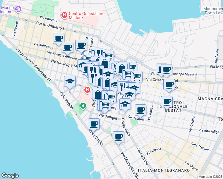 map of restaurants, bars, coffee shops, grocery stores, and more near 32-42 Via Temenide in Taranto
