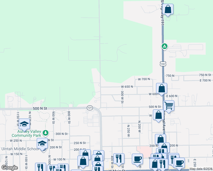 map of restaurants, bars, coffee shops, grocery stores, and more near 454 West 650 North in Vernal