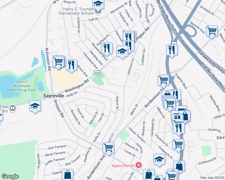 map of restaurants, bars, coffee shops, grocery stores, and more near 52 Kierst Street in Sayreville