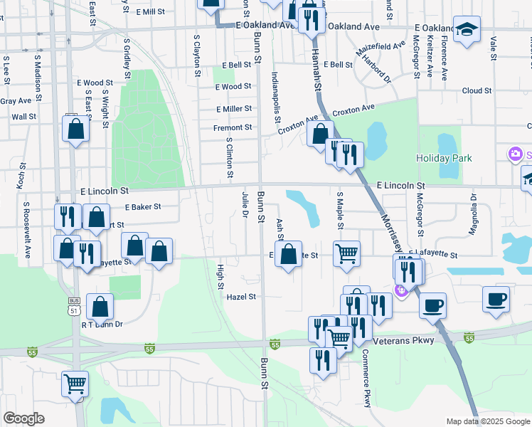 map of restaurants, bars, coffee shops, grocery stores, and more near 1504 Bunn Street in Bloomington