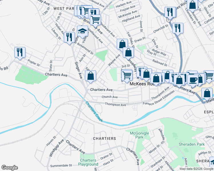 map of restaurants, bars, coffee shops, grocery stores, and more near 114 Greydon Avenue in McKees Rocks
