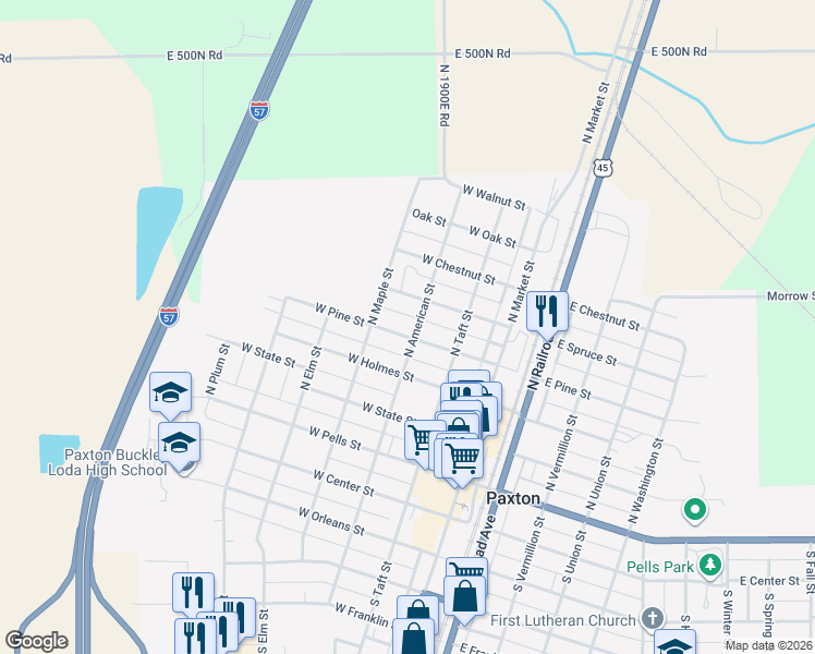 map of restaurants, bars, coffee shops, grocery stores, and more near 321 West Pine Street in Paxton