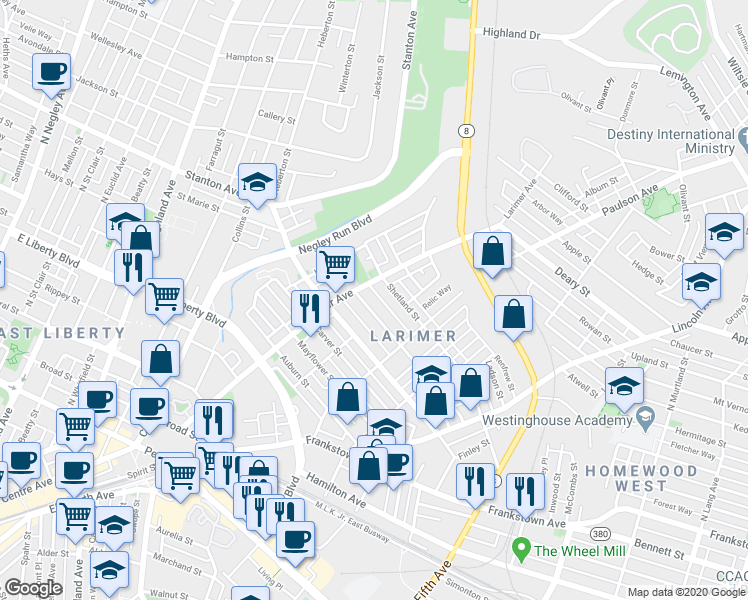 map of restaurants, bars, coffee shops, grocery stores, and more near 540 Larimer Avenue in Pittsburgh