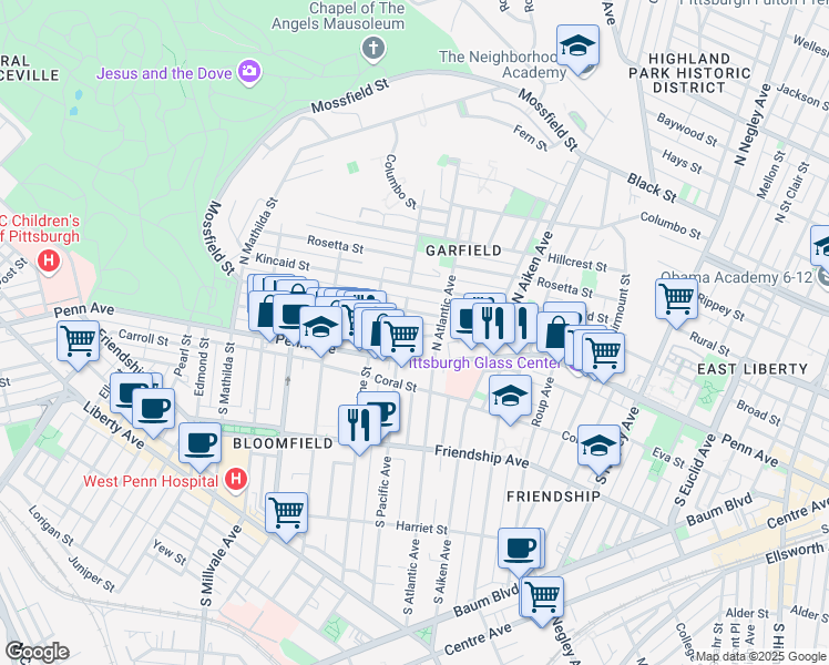 map of restaurants, bars, coffee shops, grocery stores, and more near 5205 Dearborn Street in Pittsburgh