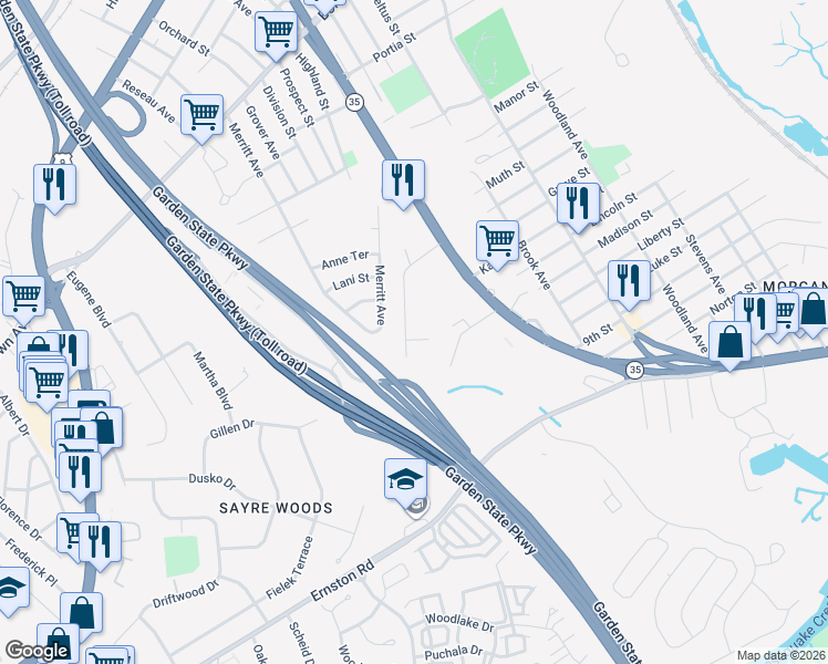 map of restaurants, bars, coffee shops, grocery stores, and more near 19 Saint Peter Drive in South Amboy