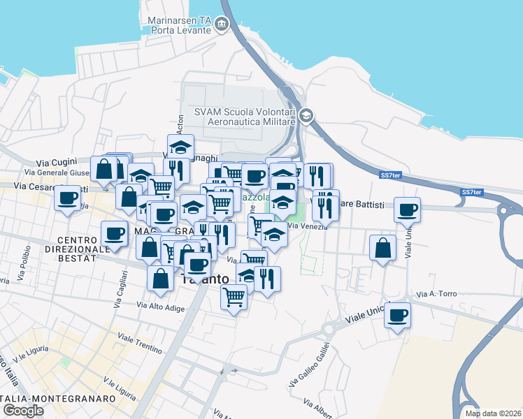 map of restaurants, bars, coffee shops, grocery stores, and more near 4 Via Ancona in Taranto