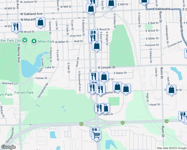 map of restaurants, bars, coffee shops, grocery stores, and more near 1409 South Main Street in Bloomington