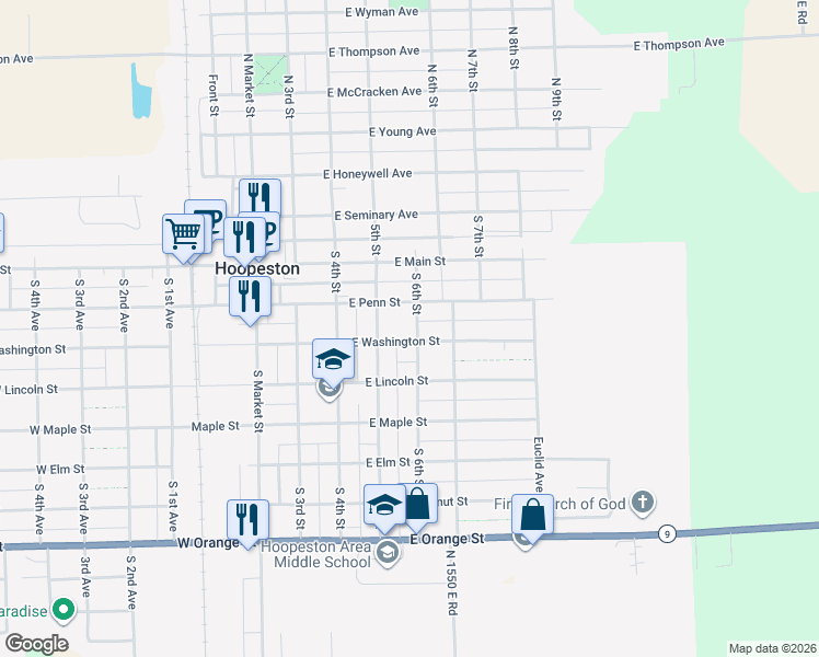 map of restaurants, bars, coffee shops, grocery stores, and more near 626 East Washington Street in Hoopeston