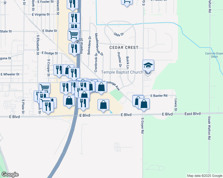 map of restaurants, bars, coffee shops, grocery stores, and more near 1812 Cadillac Court in Kokomo