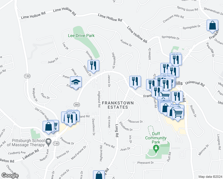 map of restaurants, bars, coffee shops, grocery stores, and more near 215 Janice Drive in Pittsburgh