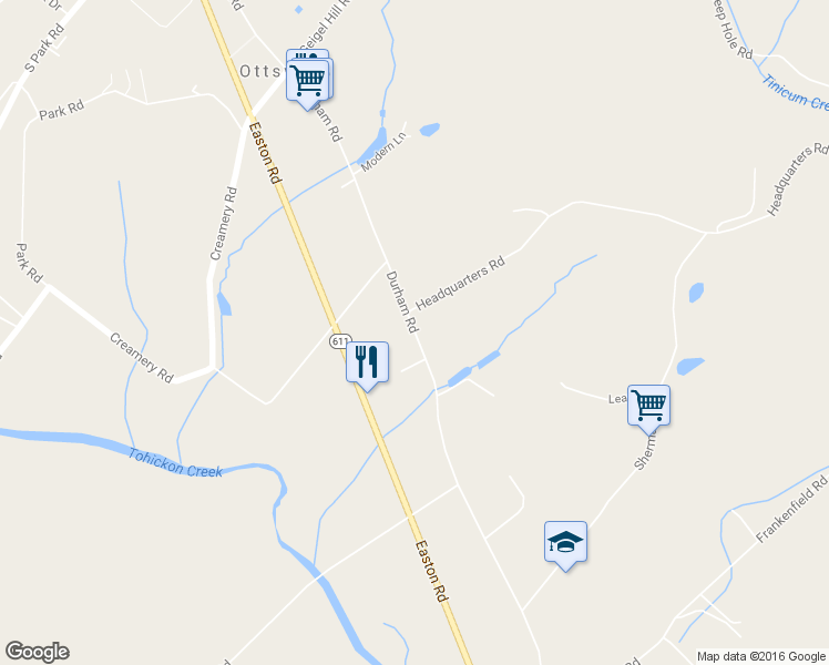 map of restaurants, bars, coffee shops, grocery stores, and more near 189 Durham Road in Ottsville