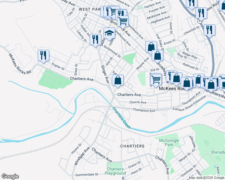 map of restaurants, bars, coffee shops, grocery stores, and more near 112 Singer Avenue in McKees Rocks