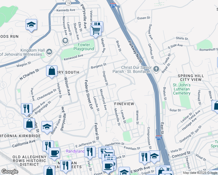 map of restaurants, bars, coffee shops, grocery stores, and more near 324 Lafayette Avenue in Pittsburgh