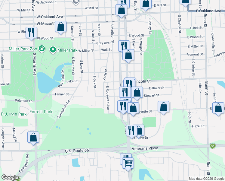 map of restaurants, bars, coffee shops, grocery stores, and more near 1501 South Madison Street in Bloomington