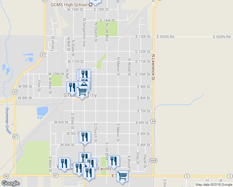map of restaurants, bars, coffee shops, grocery stores, and more near 111 North Melvin Street in Gibson City