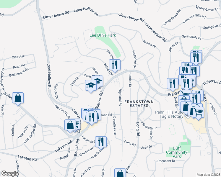 map of restaurants, bars, coffee shops, grocery stores, and more near 10960 Frankstown Road in Pittsburgh