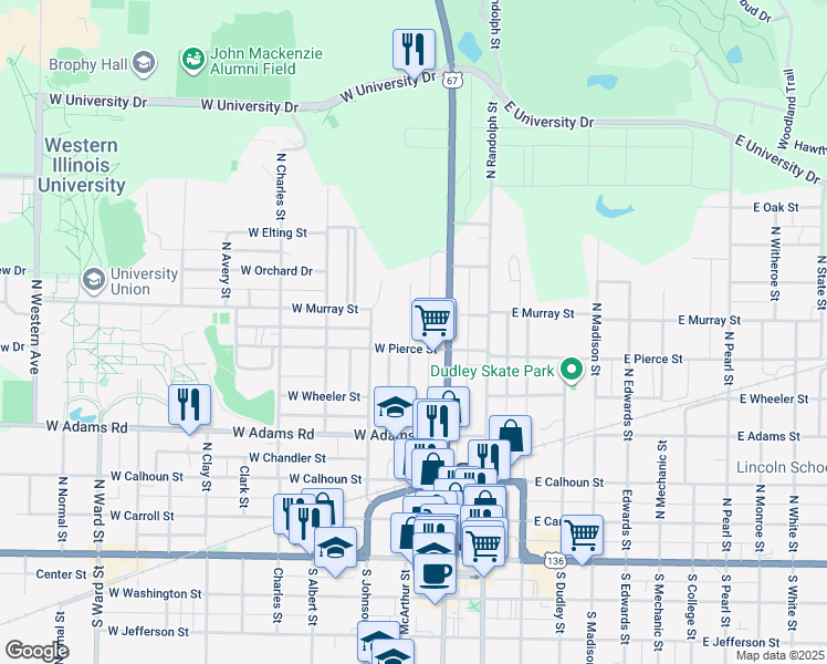 map of restaurants, bars, coffee shops, grocery stores, and more near 617 North McArthur Street in Macomb