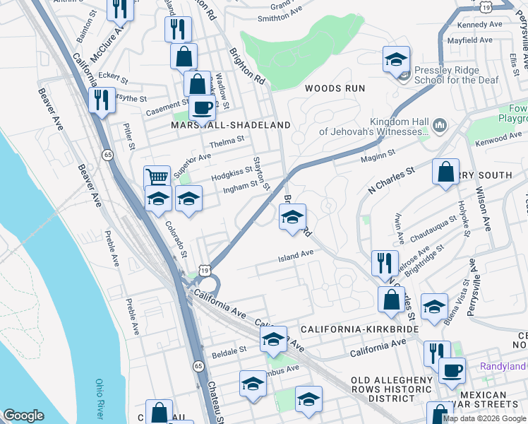 map of restaurants, bars, coffee shops, grocery stores, and more near 1145 U.S. 19 in Pittsburgh