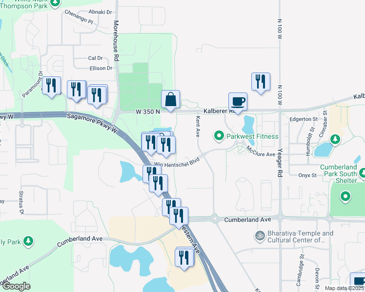 map of restaurants, bars, coffee shops, grocery stores, and more near 3315 Kent Avenue in West Lafayette