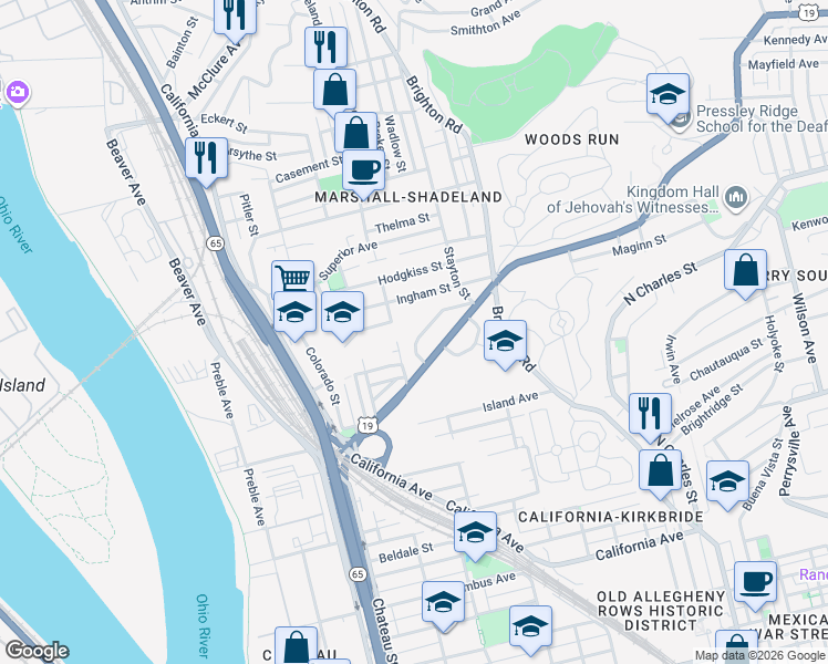 map of restaurants, bars, coffee shops, grocery stores, and more near 1170 New Hampshire Drive in Pittsburgh