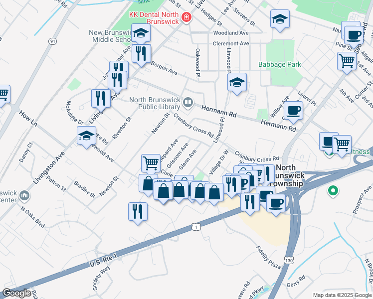 map of restaurants, bars, coffee shops, grocery stores, and more near 942 Grissom Avenue in North Brunswick Township
