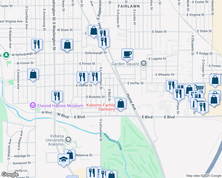 map of restaurants, bars, coffee shops, grocery stores, and more near 1808 South Bell Street in Kokomo