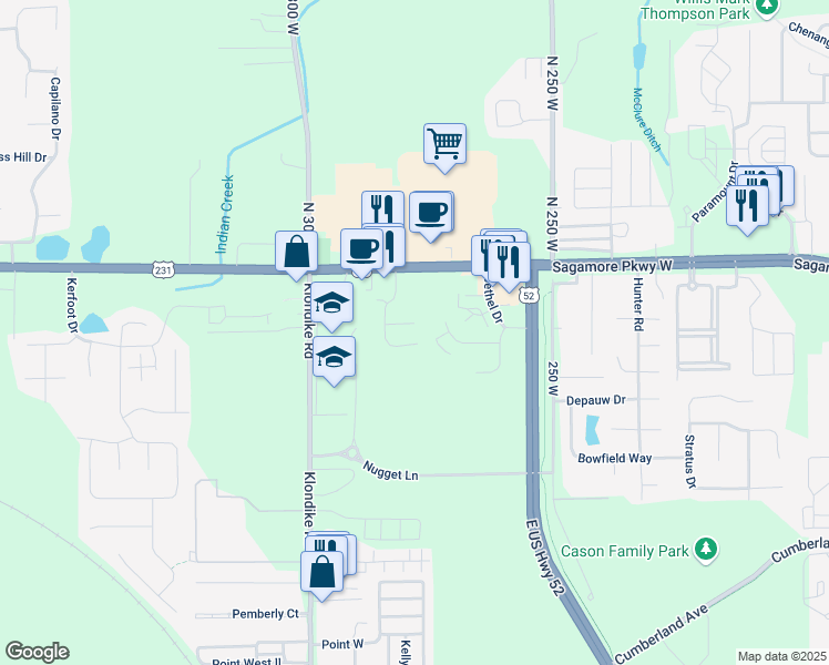 map of restaurants, bars, coffee shops, grocery stores, and more near 2731 Wyndham Court in West Lafayette