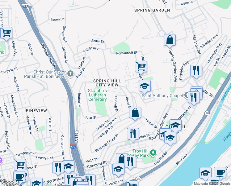 map of restaurants, bars, coffee shops, grocery stores, and more near 25 Woessner Avenue in Pittsburgh