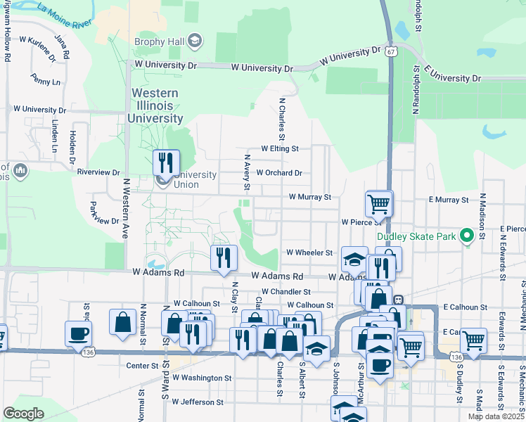 map of restaurants, bars, coffee shops, grocery stores, and more near 520 1/2 West Pierce Street in Macomb