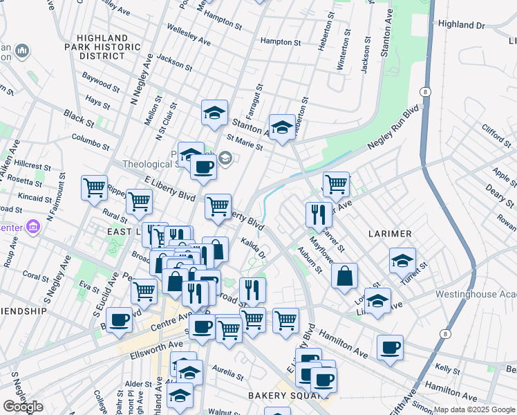map of restaurants, bars, coffee shops, grocery stores, and more near 6256 Auburn Street in Pittsburgh