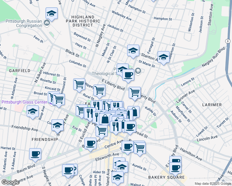map of restaurants, bars, coffee shops, grocery stores, and more near 414 North Beatty Street in Pittsburgh