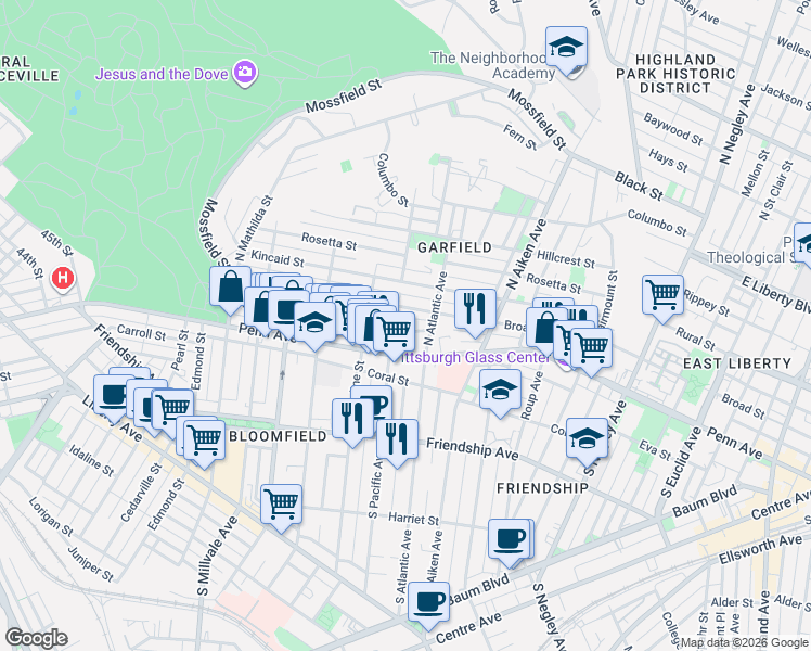 map of restaurants, bars, coffee shops, grocery stores, and more near 5205 Dearborn Street in Pittsburgh