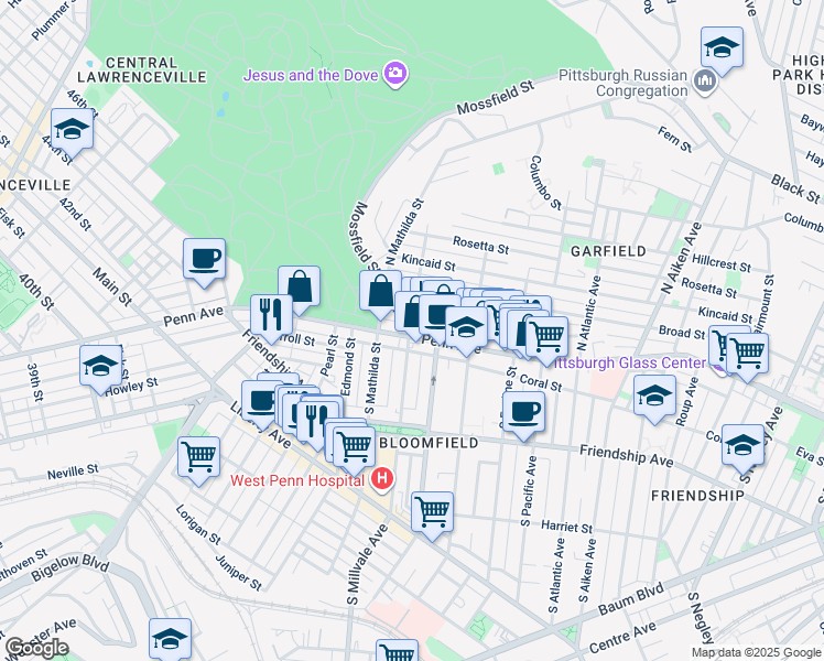 map of restaurants, bars, coffee shops, grocery stores, and more near 4823 Penn Avenue in Pittsburgh