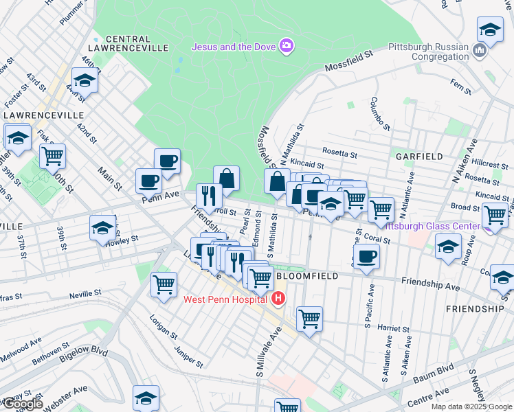 map of restaurants, bars, coffee shops, grocery stores, and more near 112 North Mathilda Street in Pittsburgh