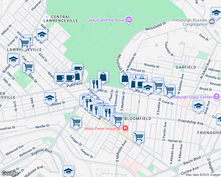 map of restaurants, bars, coffee shops, grocery stores, and more near 4630 Penn Avenue in Pittsburgh