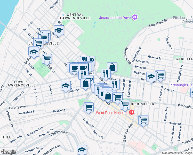 map of restaurants, bars, coffee shops, grocery stores, and more near 4533 Friendship Avenue in Pittsburgh