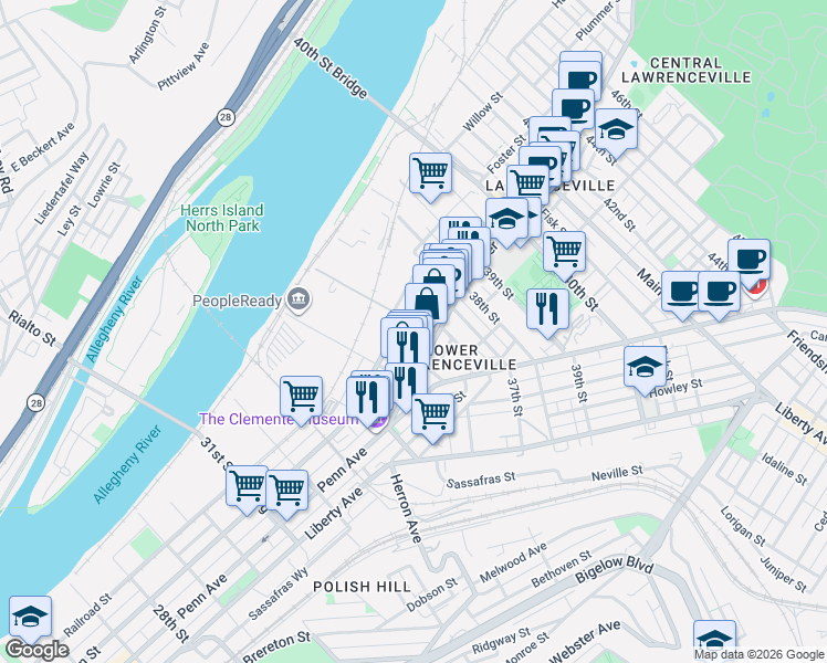 map of restaurants, bars, coffee shops, grocery stores, and more near 3540 Charlotte Street in Pittsburgh