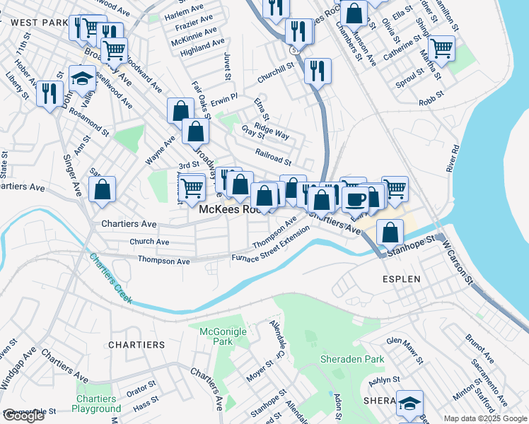 map of restaurants, bars, coffee shops, grocery stores, and more near 755 Chartiers Avenue in McKees Rocks