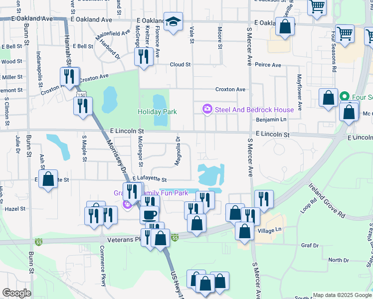 map of restaurants, bars, coffee shops, grocery stores, and more near 205 Meadowbrook Drive in Bloomington