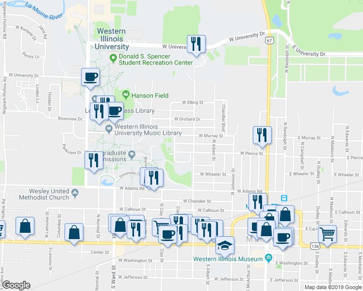 map of restaurants, bars, coffee shops, grocery stores, and more near 615 Avery Street in Macomb