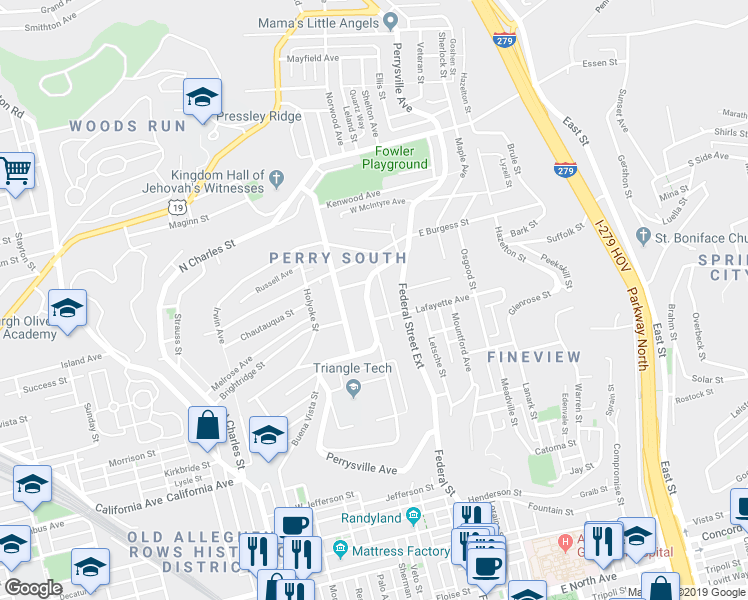 map of restaurants, bars, coffee shops, grocery stores, and more near 2216 Perrysville Avenue in Pittsburgh